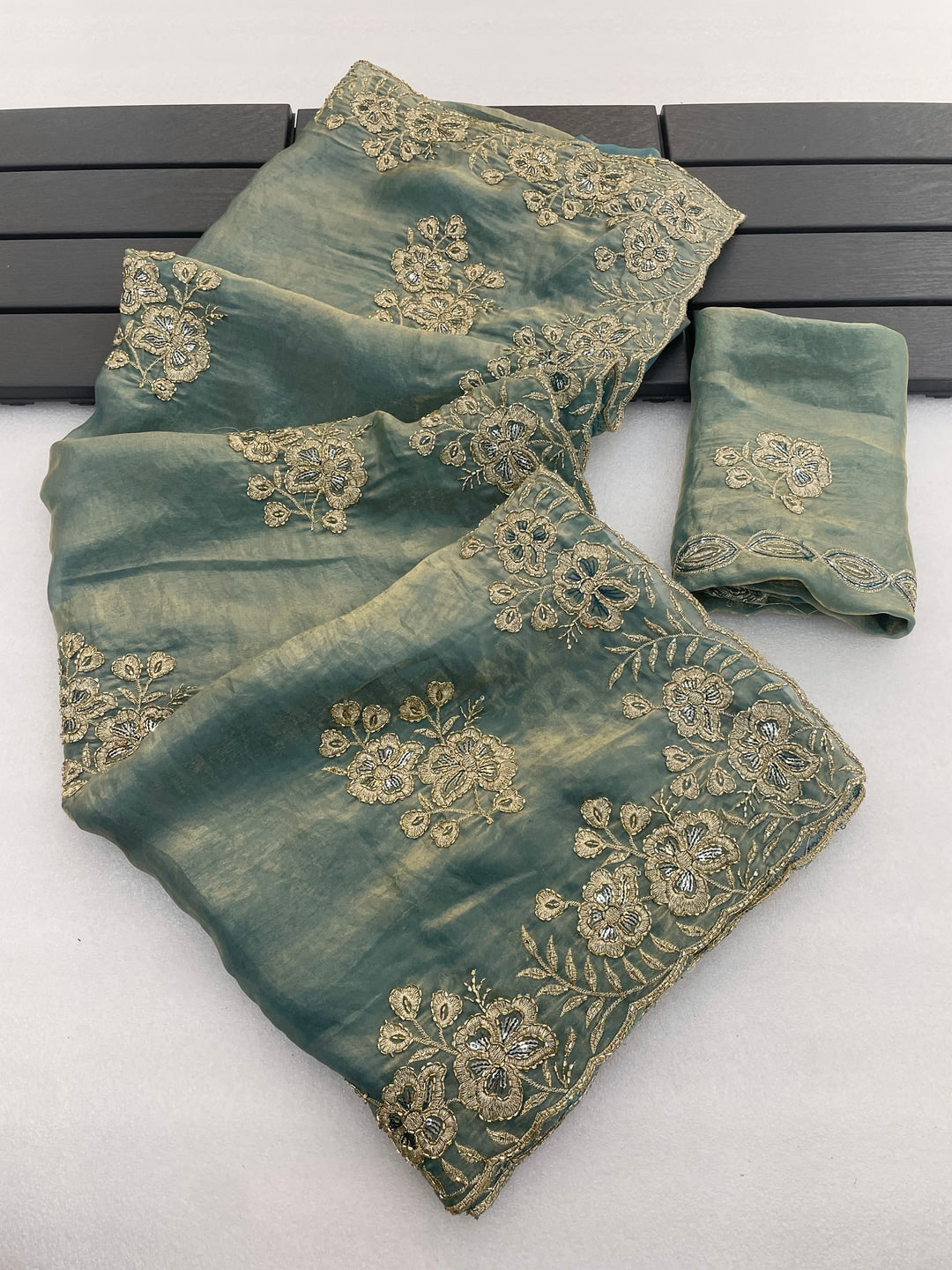 Peachmode Sky Blue Embroidered Fendy Silk Saree - Image 4