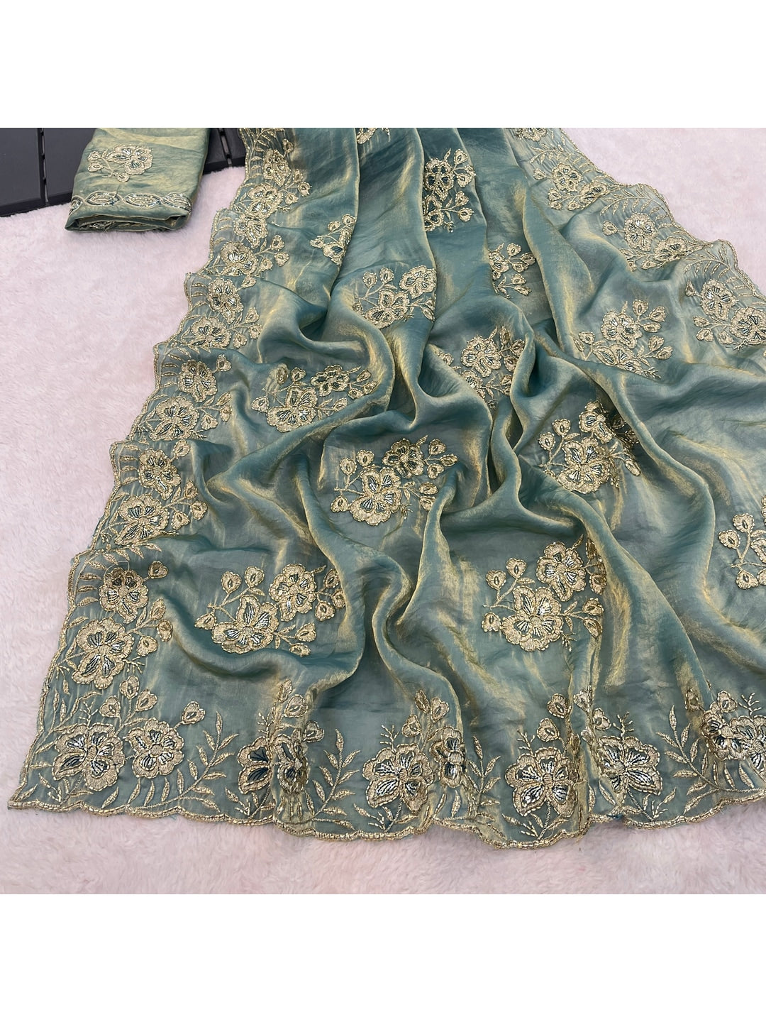 Peachmode Sky Blue Embroidered Fendy Silk Saree - Image 5