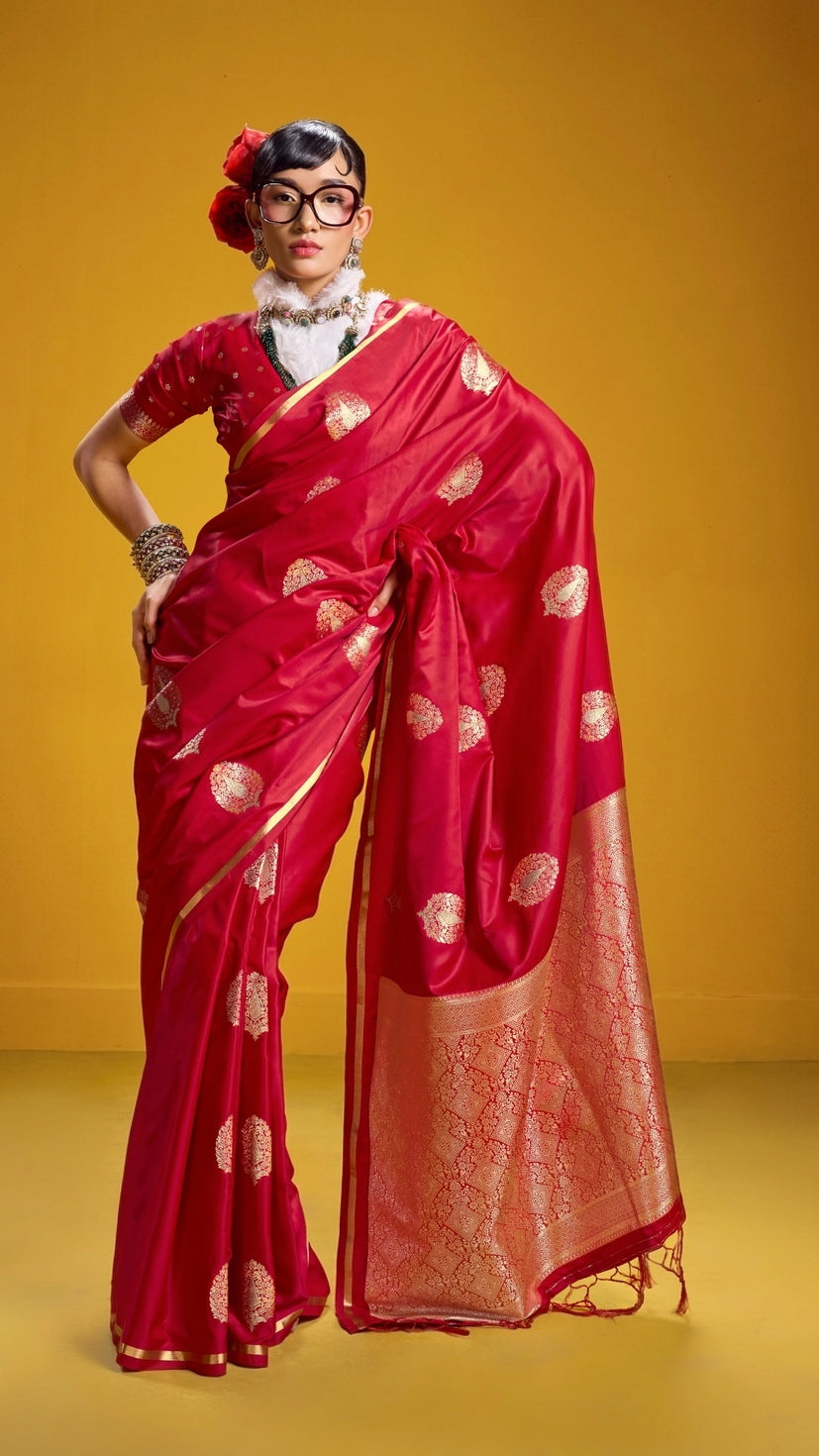 Peachmode Red Satin Handloom Woven Saree - Image 1