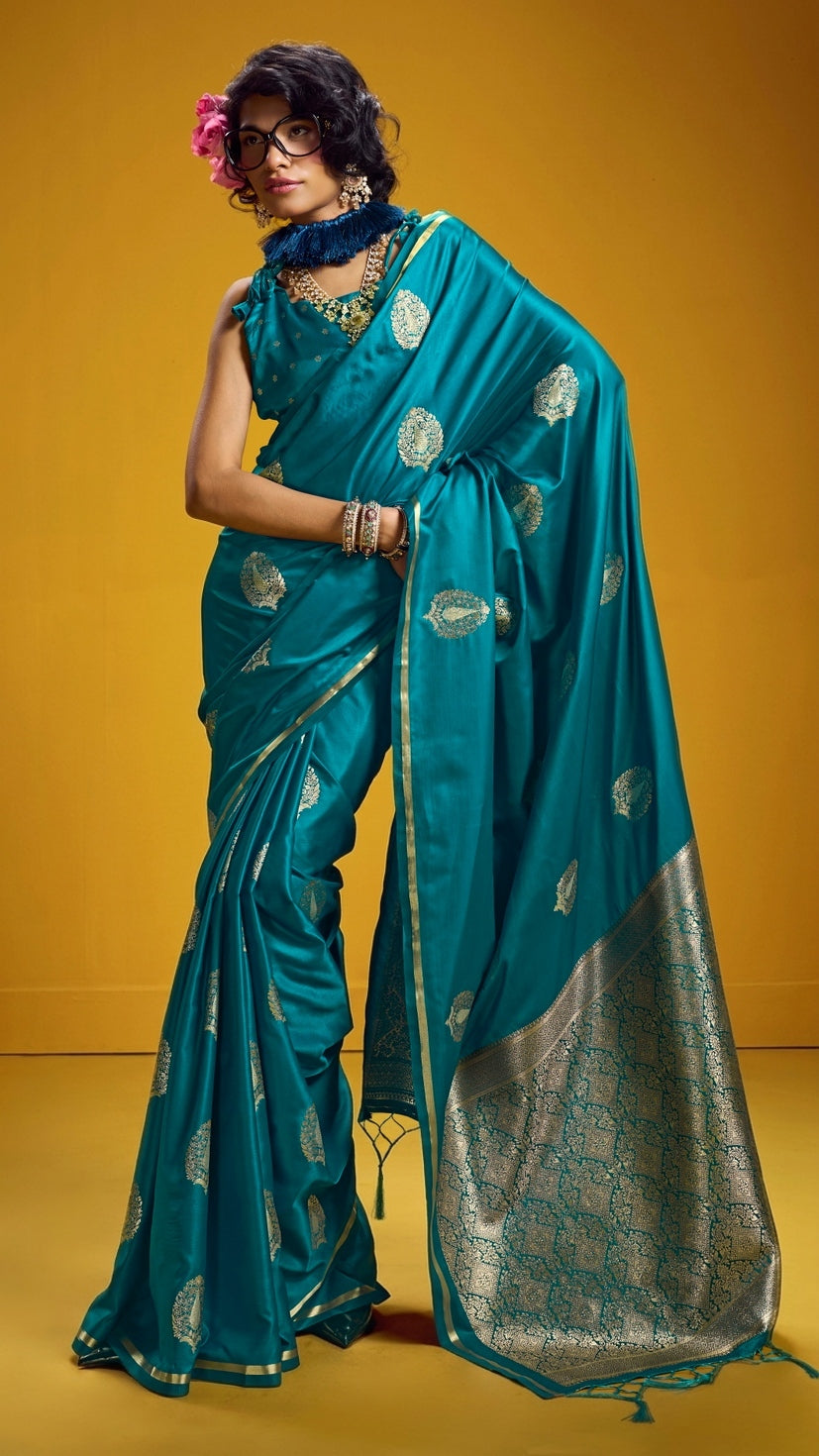 Peachmode Teal Satin Handloom Woven Saree - Image 1