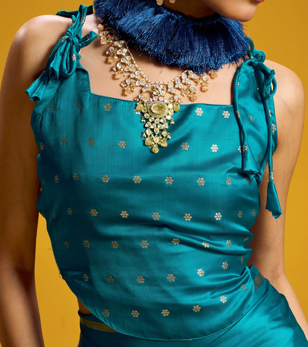 Peachmode Teal Satin Handloom Woven Saree - Image 3