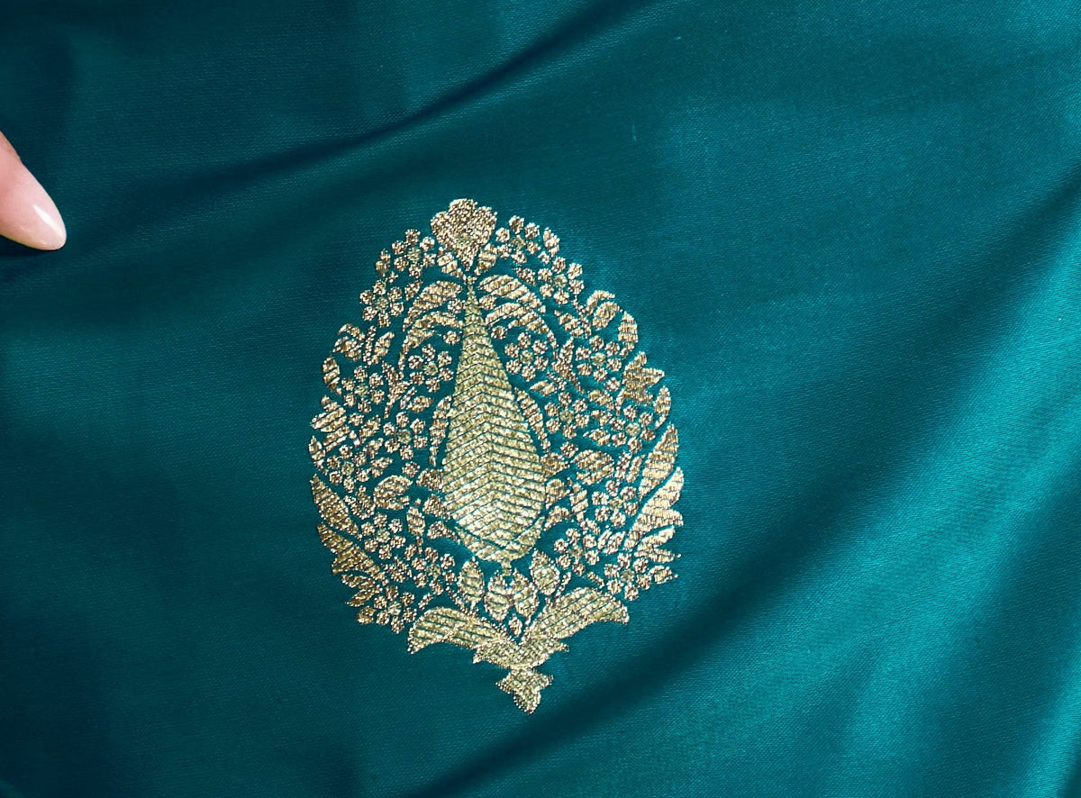 Peachmode Teal Satin Handloom Woven Saree - Image 5