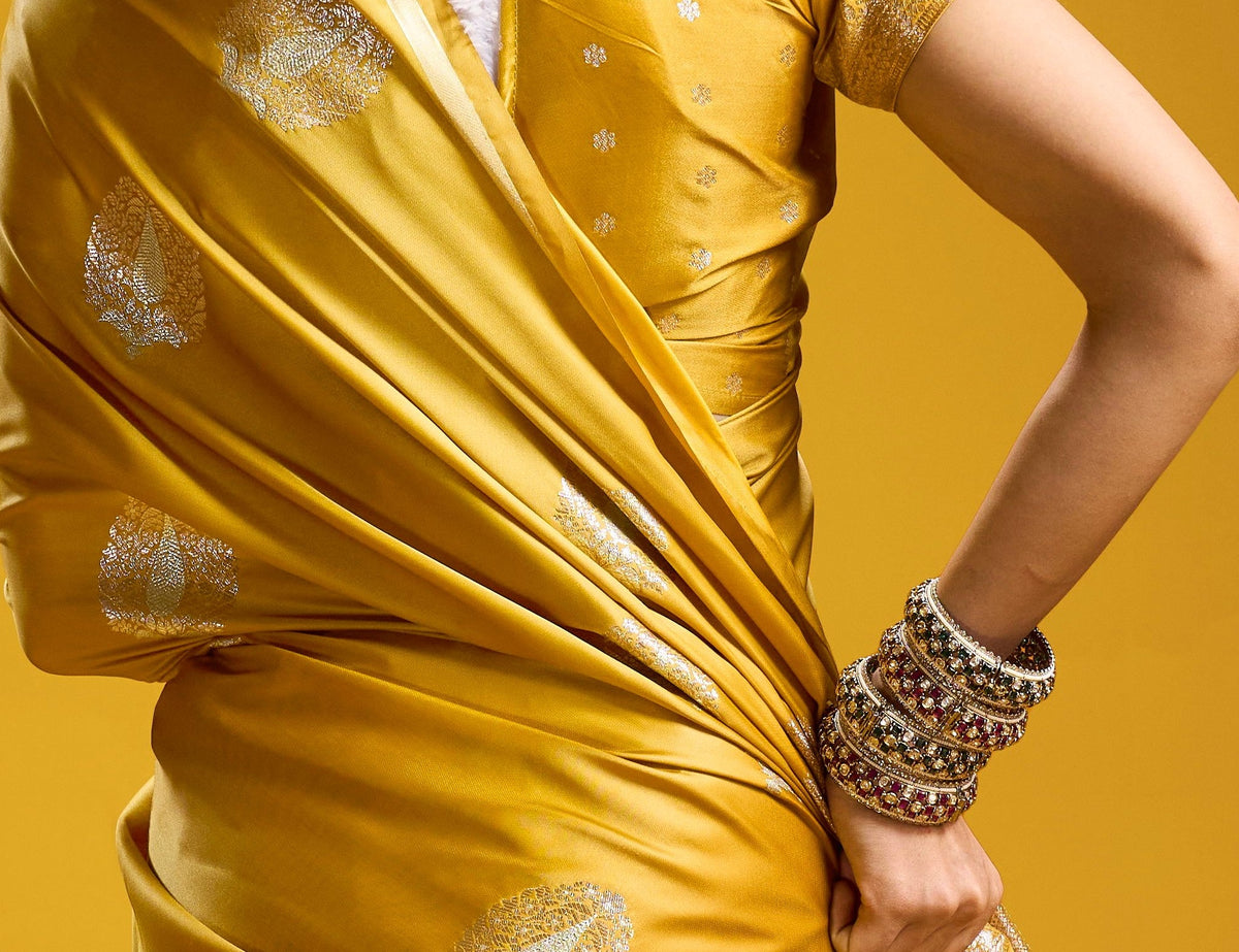 Peachmode Mustard Satin Handloom Woven Saree - Image 2