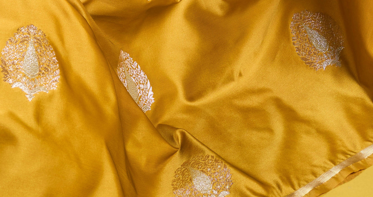 Peachmode Mustard Satin Handloom Woven Saree - Image 5