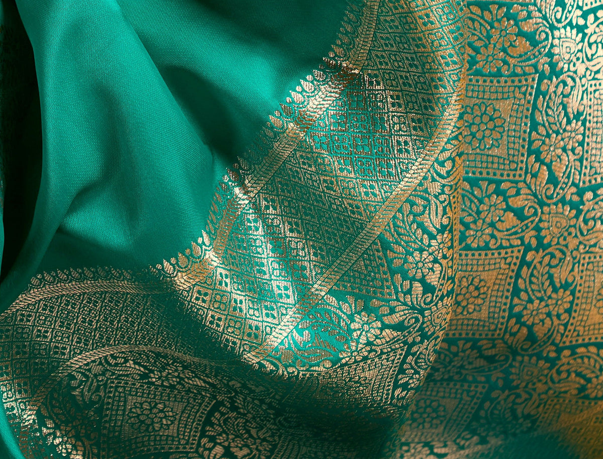 Peachmode Green Satin Handloom Woven Saree - Image 4