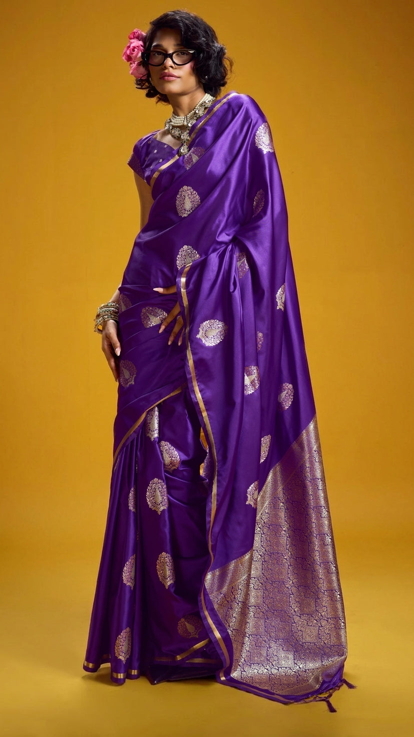 Peachmode Violet Satin Handloom Woven Saree - Image 1