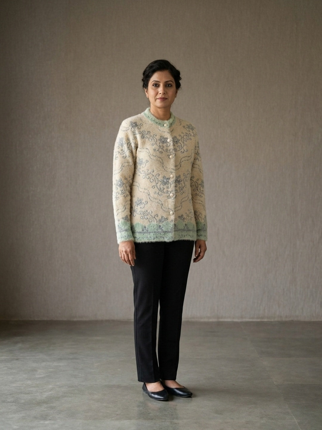 Peachmode Beige Woolen Embroidered Cardigan - Image 1