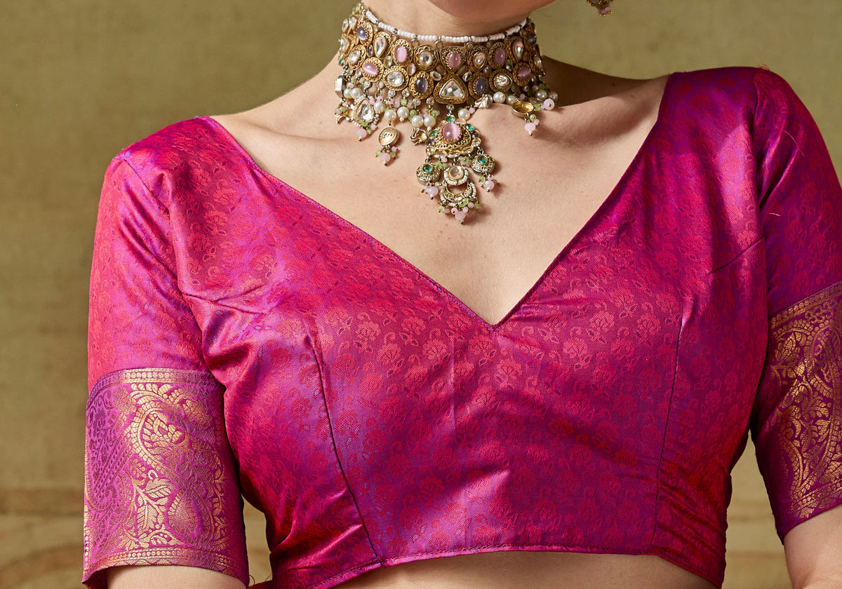 Peachmode Magenta Handloom Silk Woven Saree - Image 3