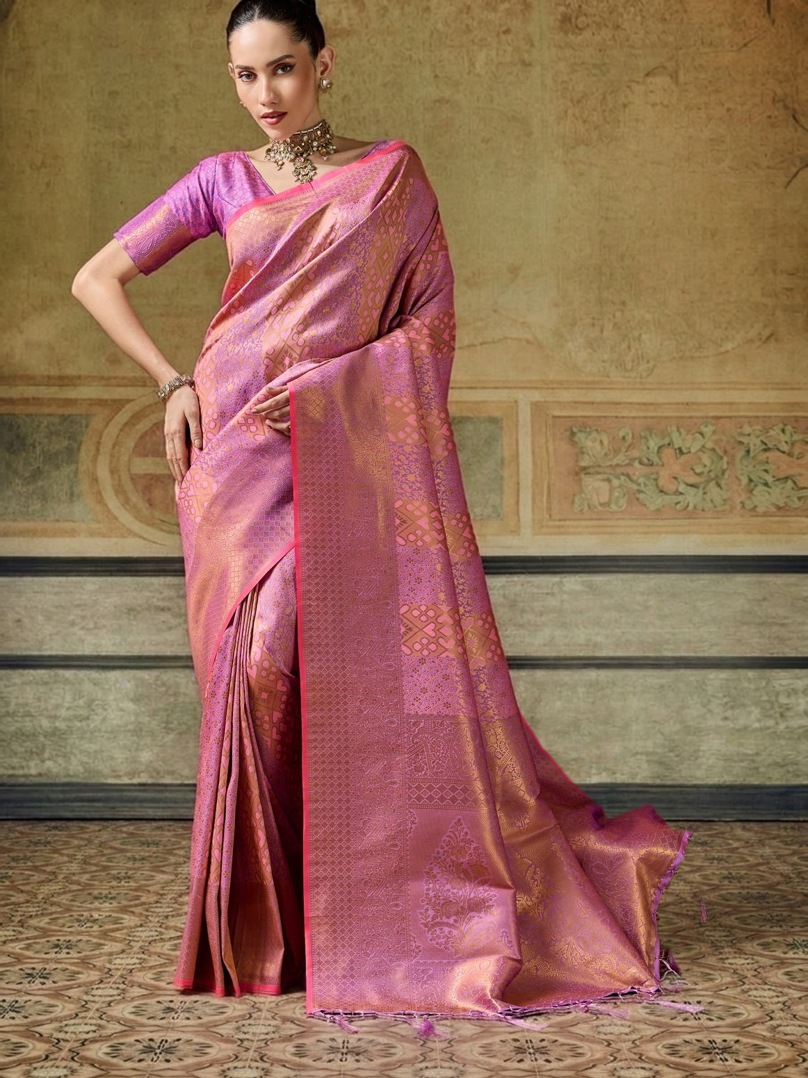 Peachmode Pink Handloom Silk Woven Saree - Image 1