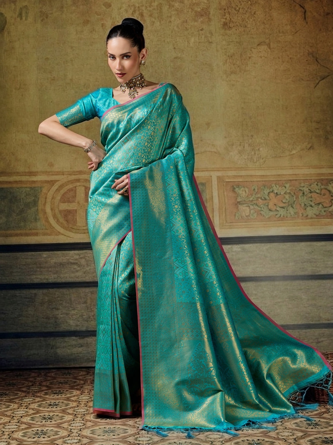 Peachmode Turquoise Handloom Silk Woven Saree - Image 1