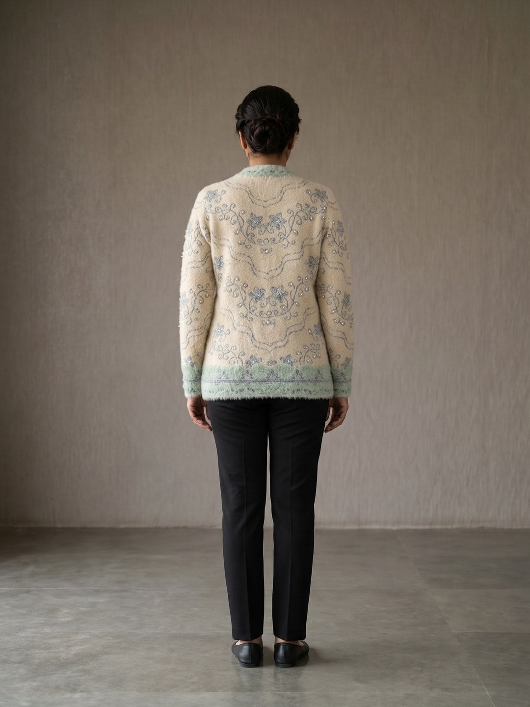Peachmode Beige Woolen Embroidered Cardigan - Image 2