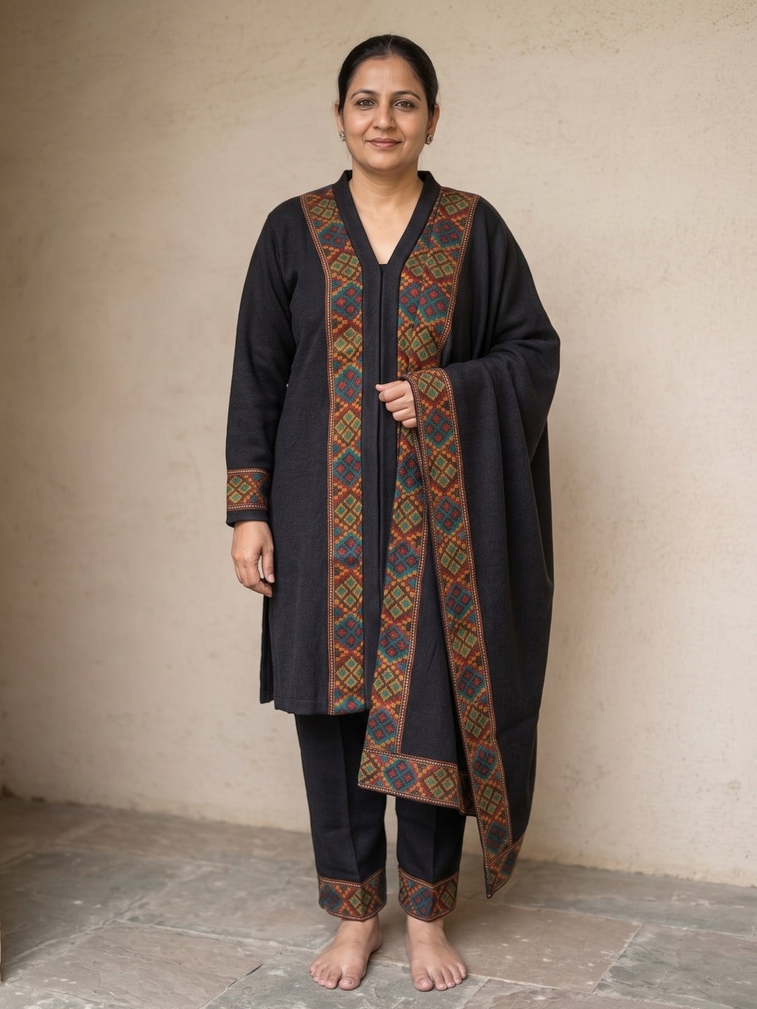 Peachmode Black Woolen Salwar Suit With Woven Border - Image 2