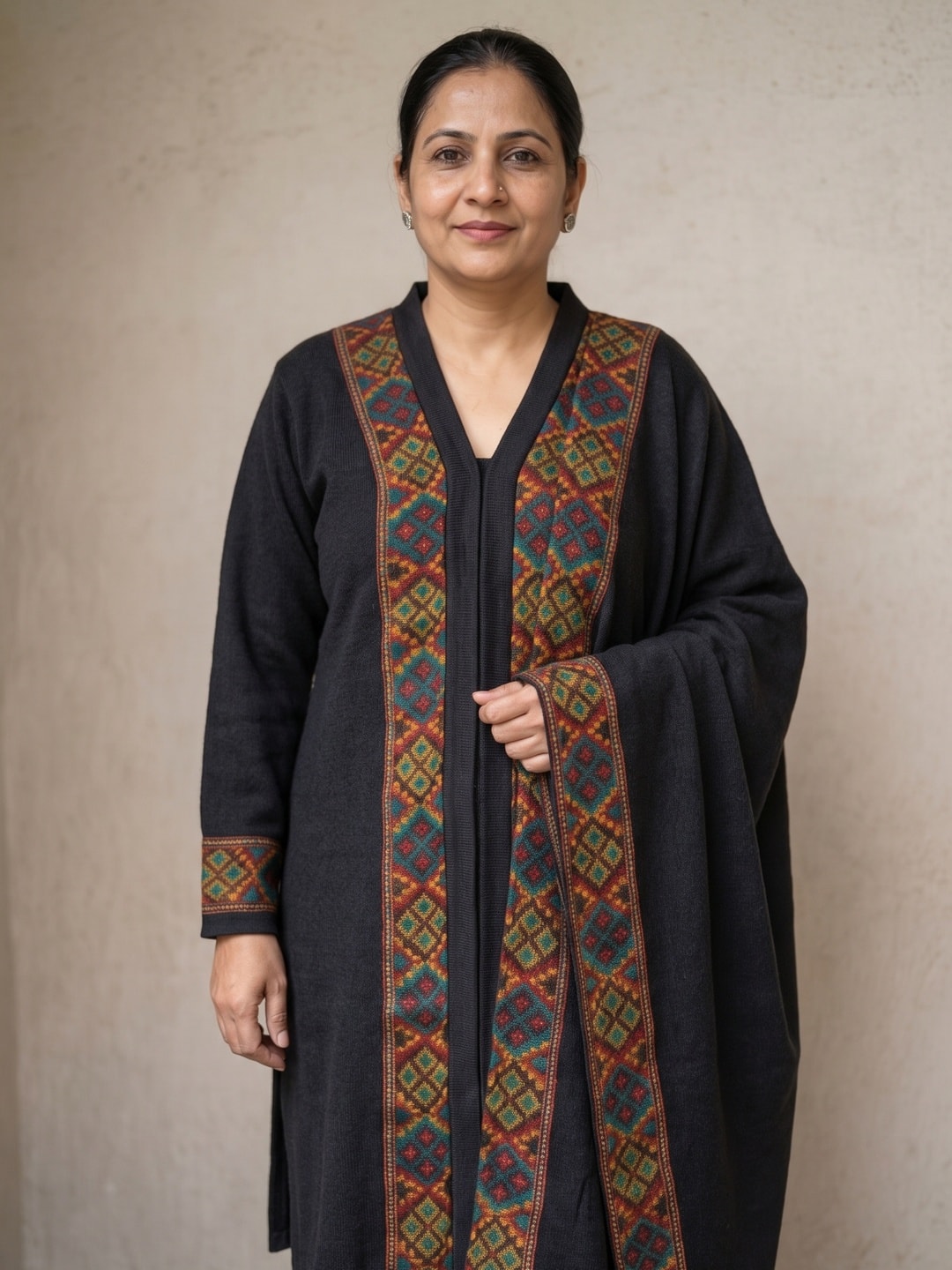 Peachmode Black Woolen Salwar Suit With Woven Border - Image 3