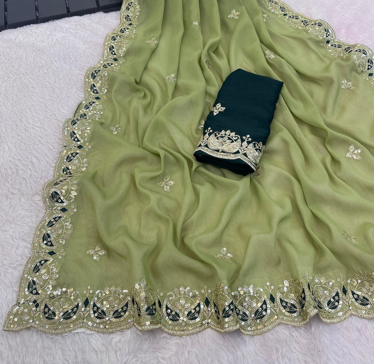 Peachmode Light Green Embroidered Georgette Silk Saree - Image 5