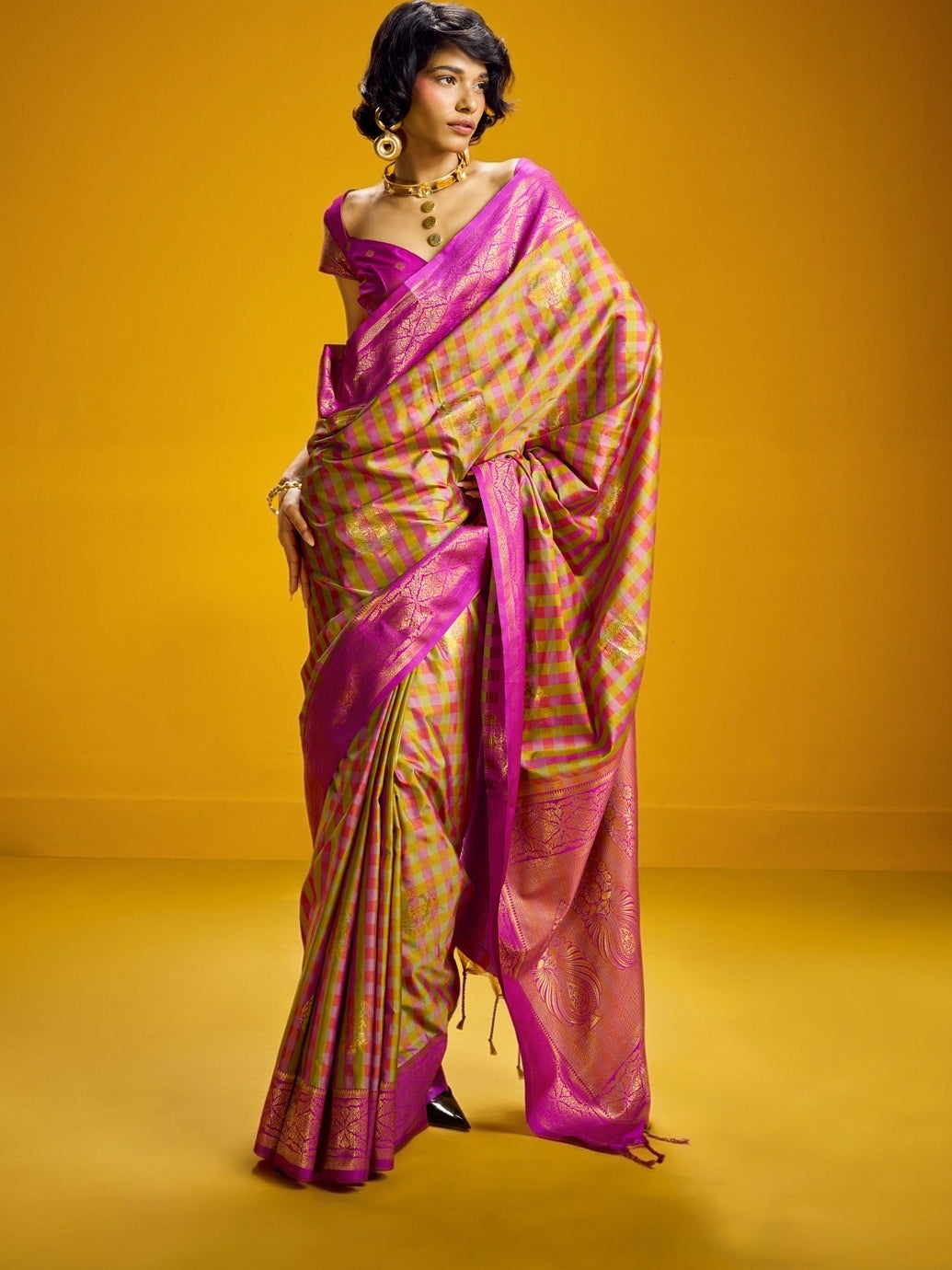 Peachmode Mustard Pure Silk Handloom Woven Saree - Image 1