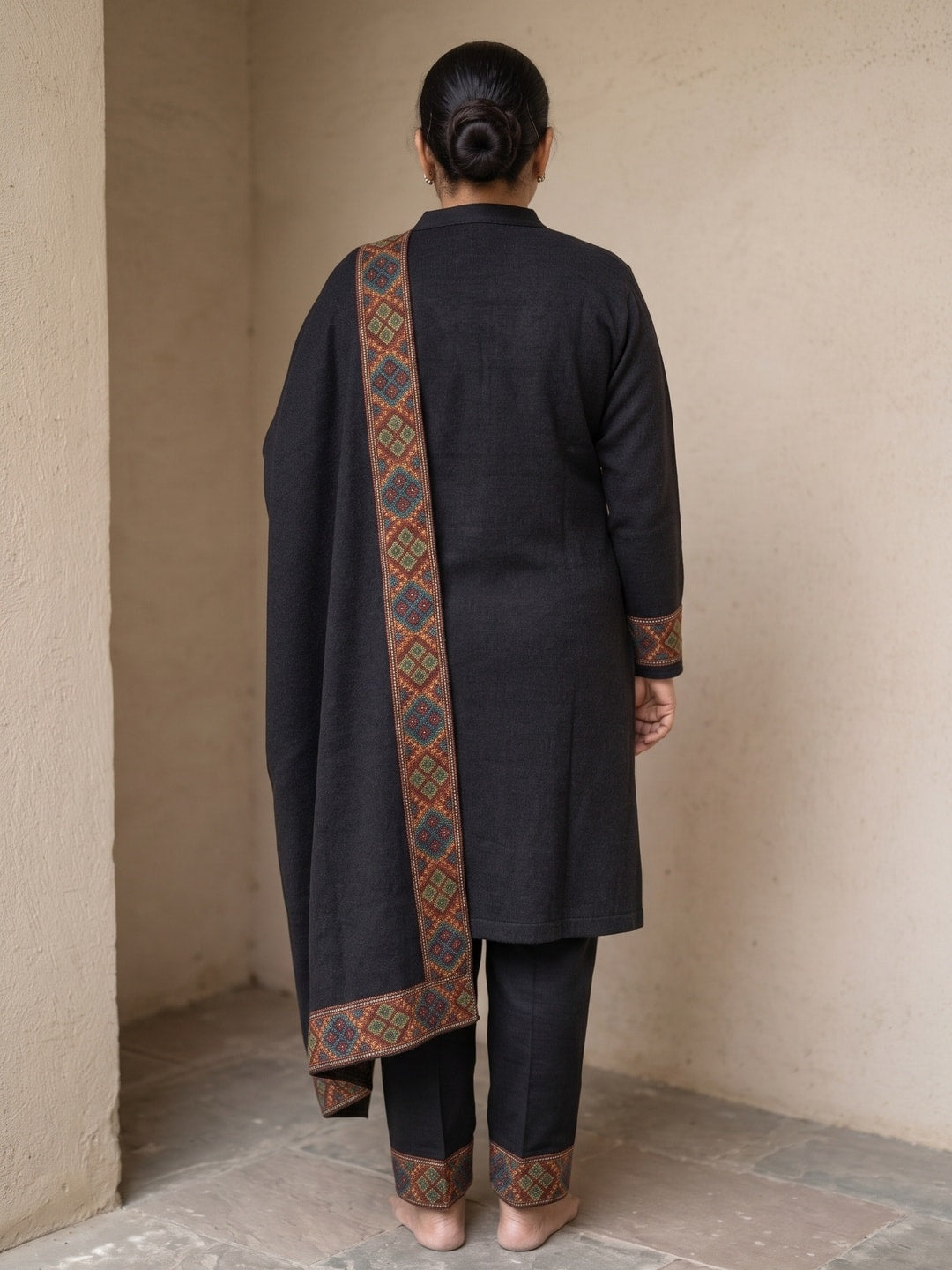 Peachmode Black Woolen Salwar Suit With Woven Border - Image 4