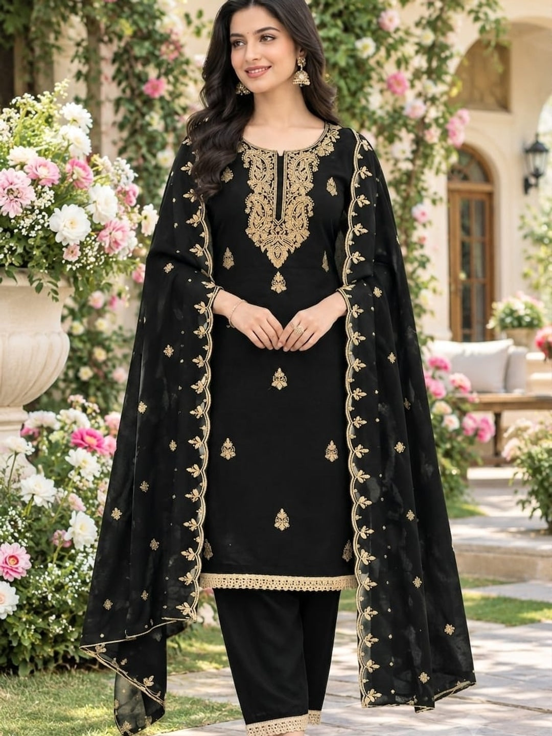 Peachmode Black Paisley Embroidered Georgette Dress Material - Image 2