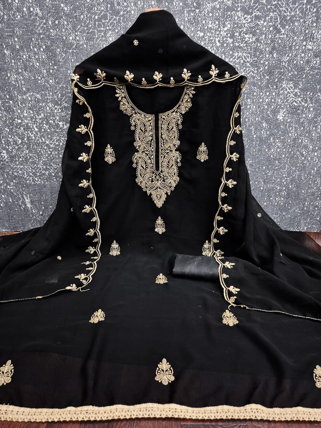 Peachmode Black Paisley Embroidered Georgette Dress Material - Image 3