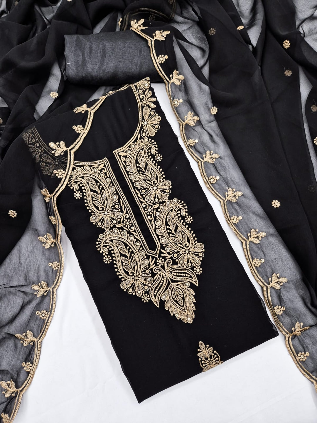 Peachmode Black Paisley Embroidered Georgette Dress Material - Image 4