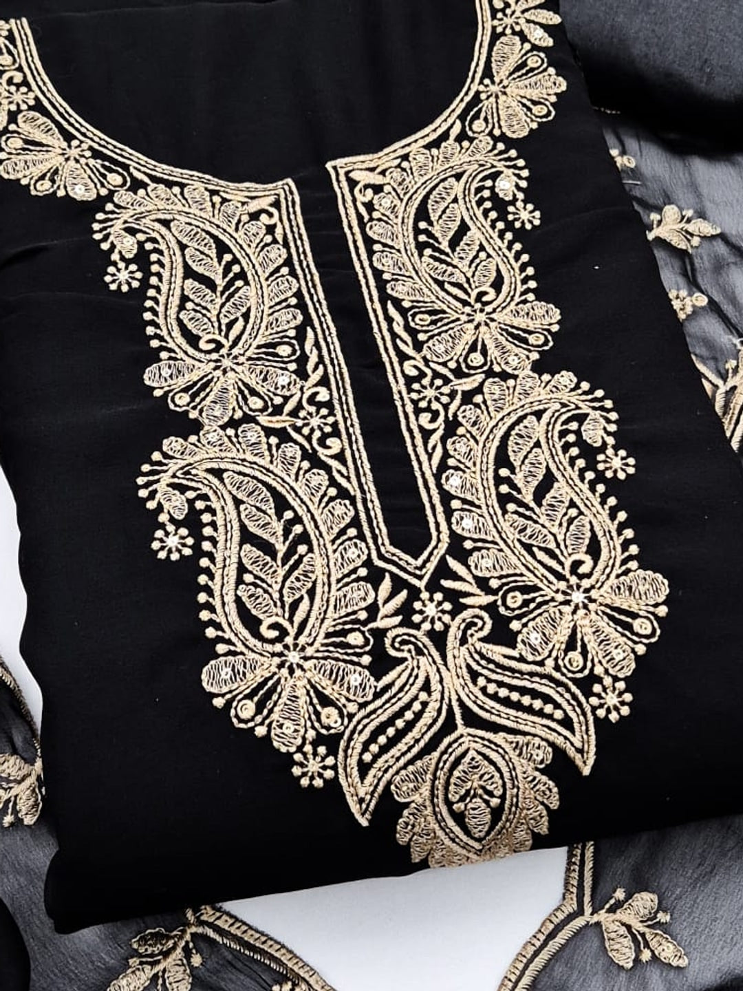 Peachmode Black Paisley Embroidered Georgette Dress Material - Image 5