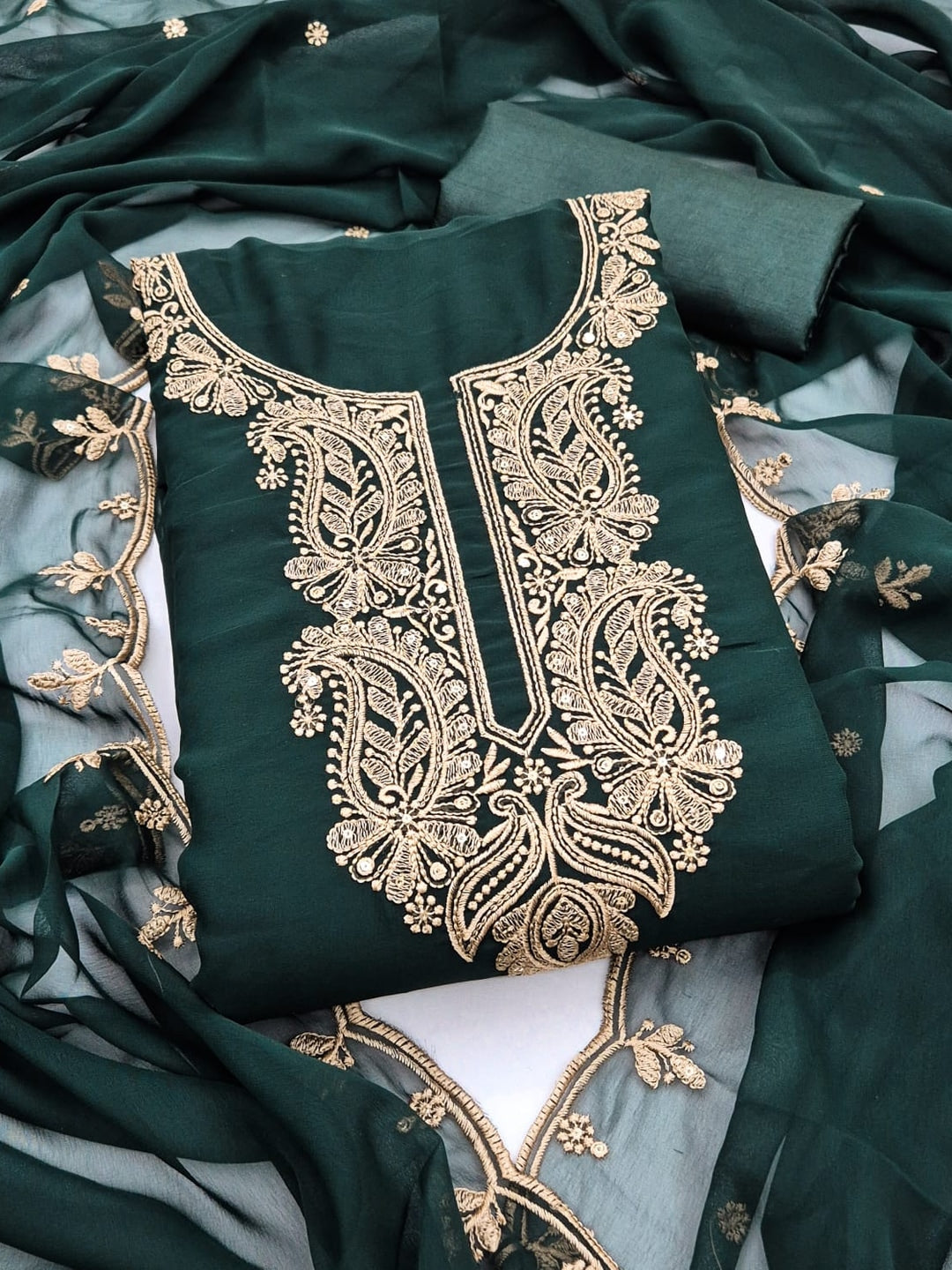 Peachmode Green Paisley Embroidered Georgette Dress Material - Image 1