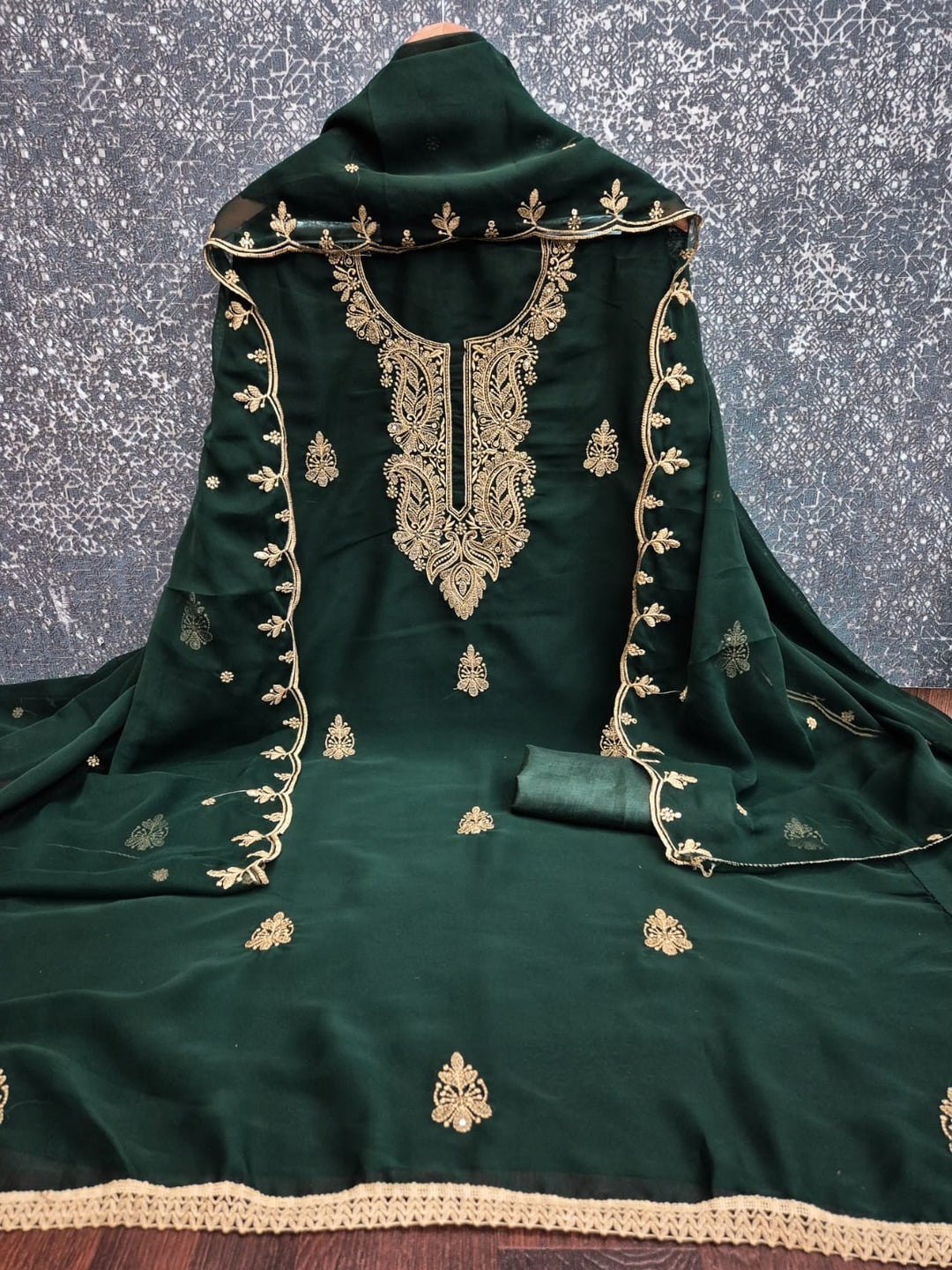 Peachmode Green Paisley Embroidered Georgette Dress Material - Image 3