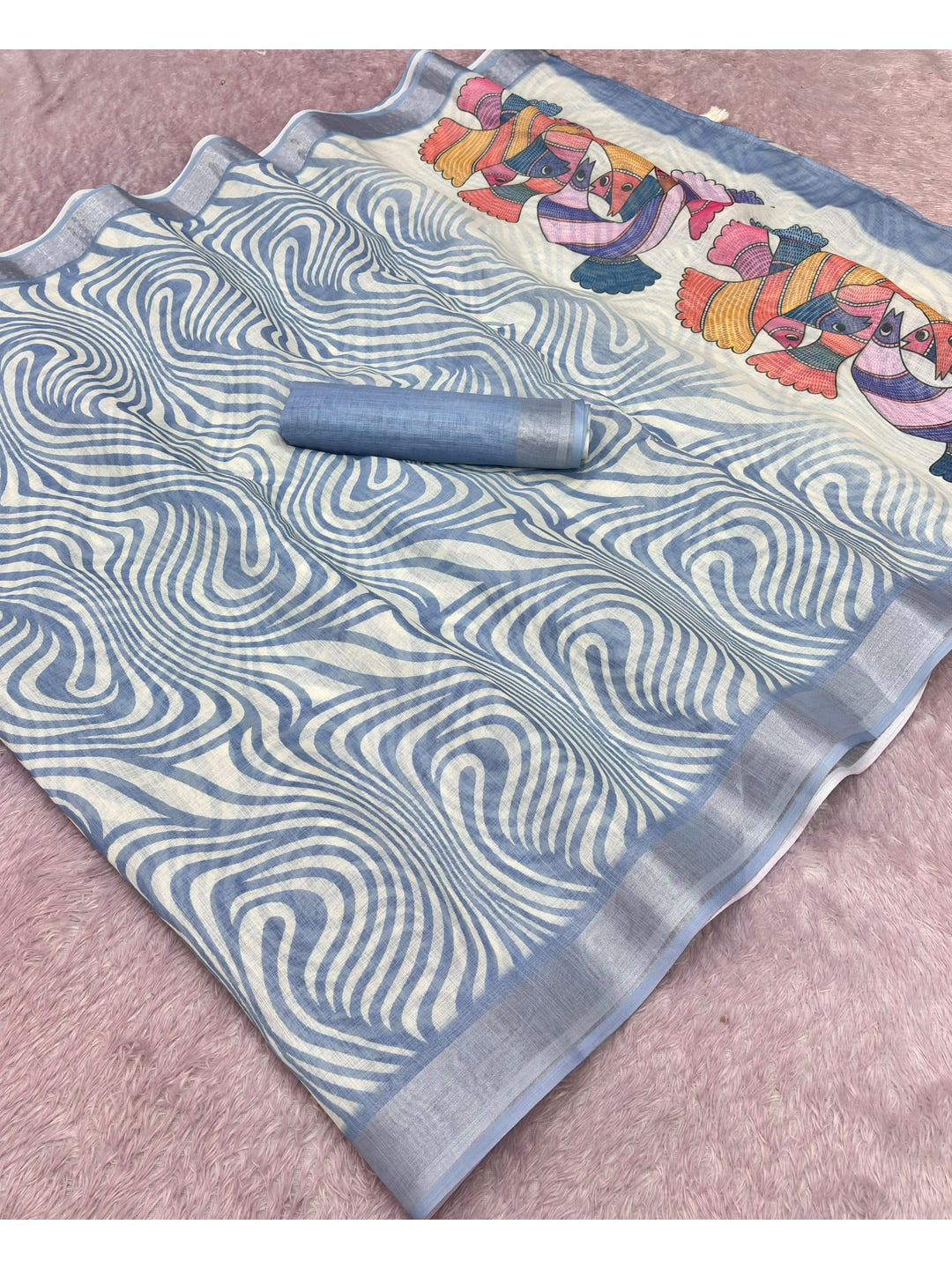 Peachmode Blue Abstract Print Linen Cotton Saree - Image 1