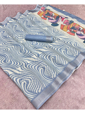 Peachmode Blue Abstract Print Linen Cotton Saree - Image 1