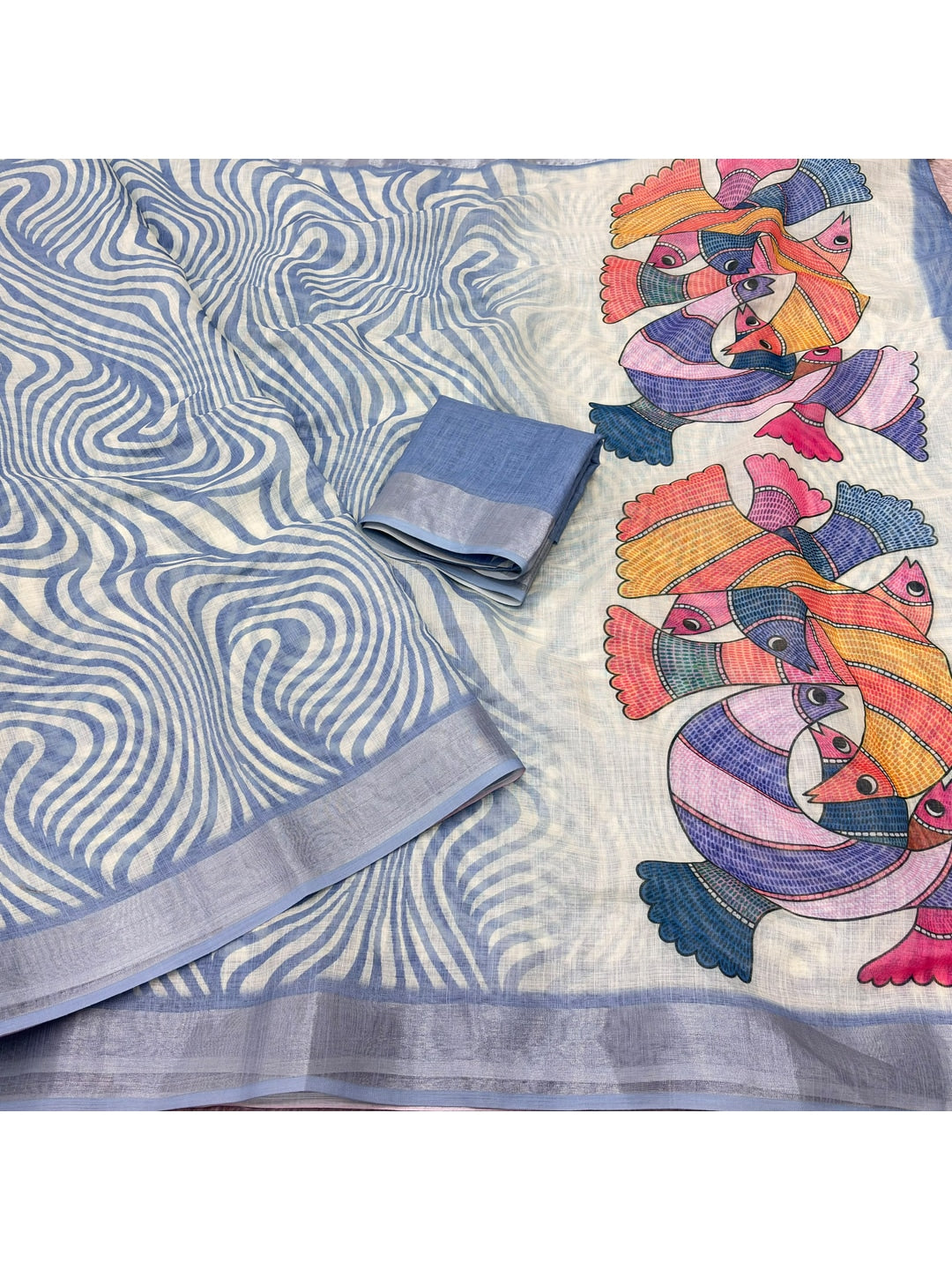 Peachmode Blue Abstract Print Linen Cotton Saree - Image 2