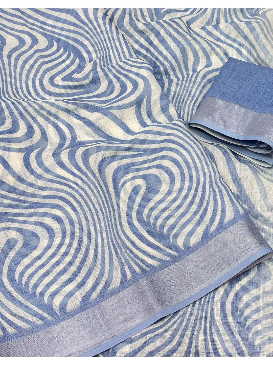 Peachmode Blue Abstract Print Linen Cotton Saree - Image 5