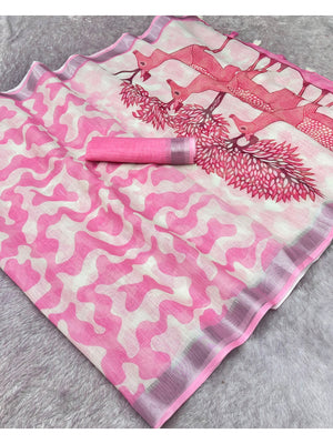 Peachmode Pink Abstract Print Linen Cotton Saree - Image 1