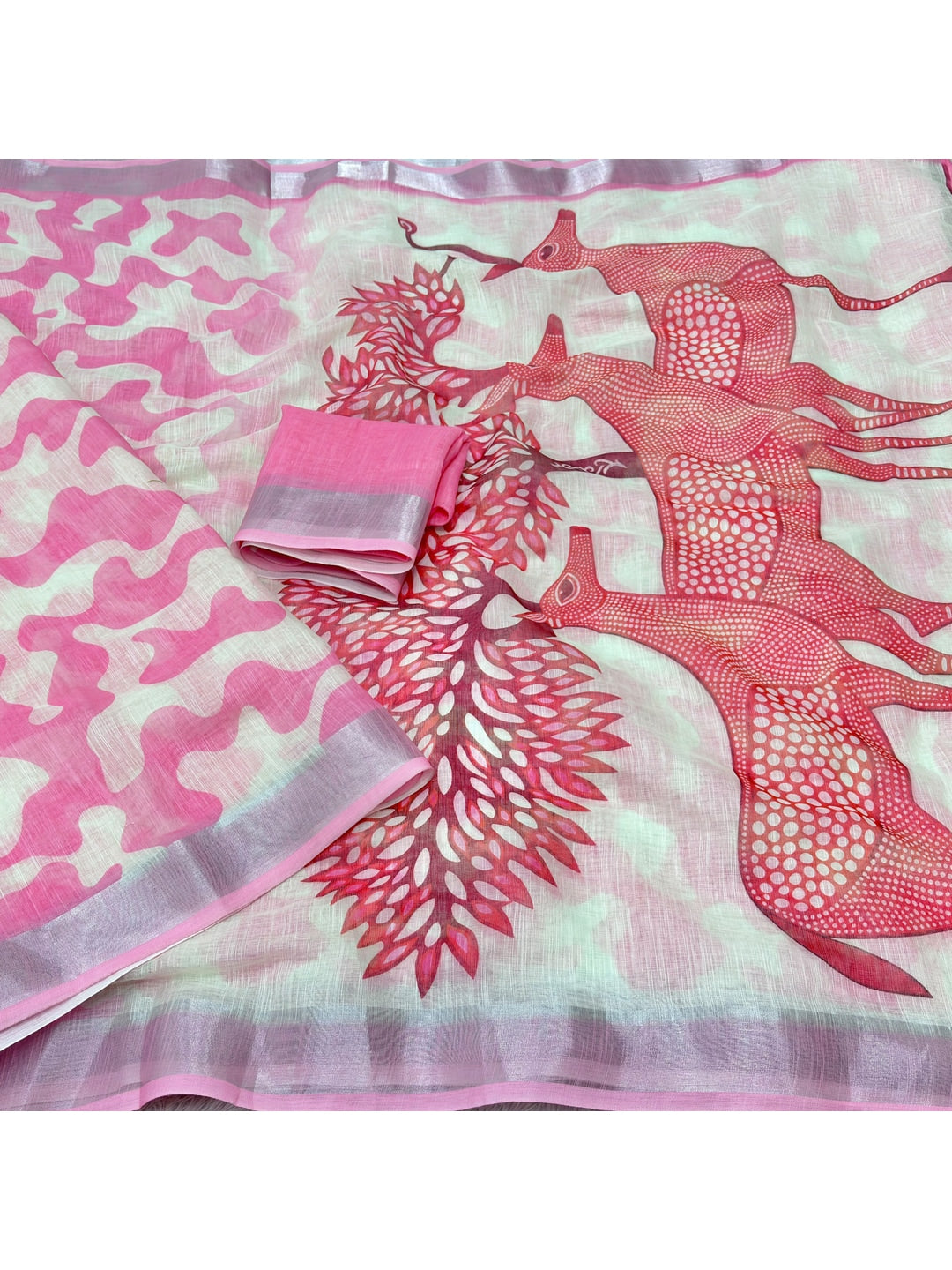 Peachmode Pink Abstract Print Linen Cotton Saree - Image 2