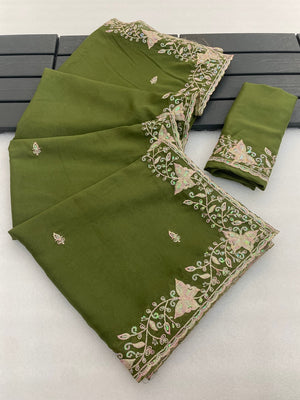Peachmode Mehndi Embroidered Georgette Silk Saree - Image 1