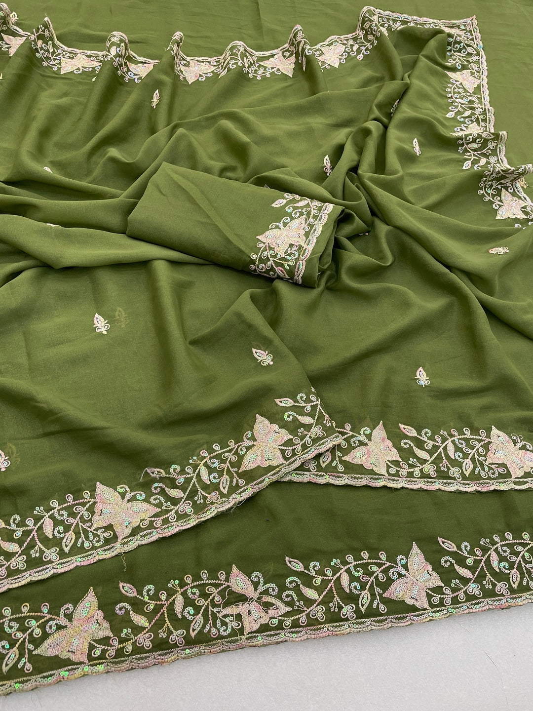Peachmode Mehndi Embroidered Georgette Silk Saree - Image 2