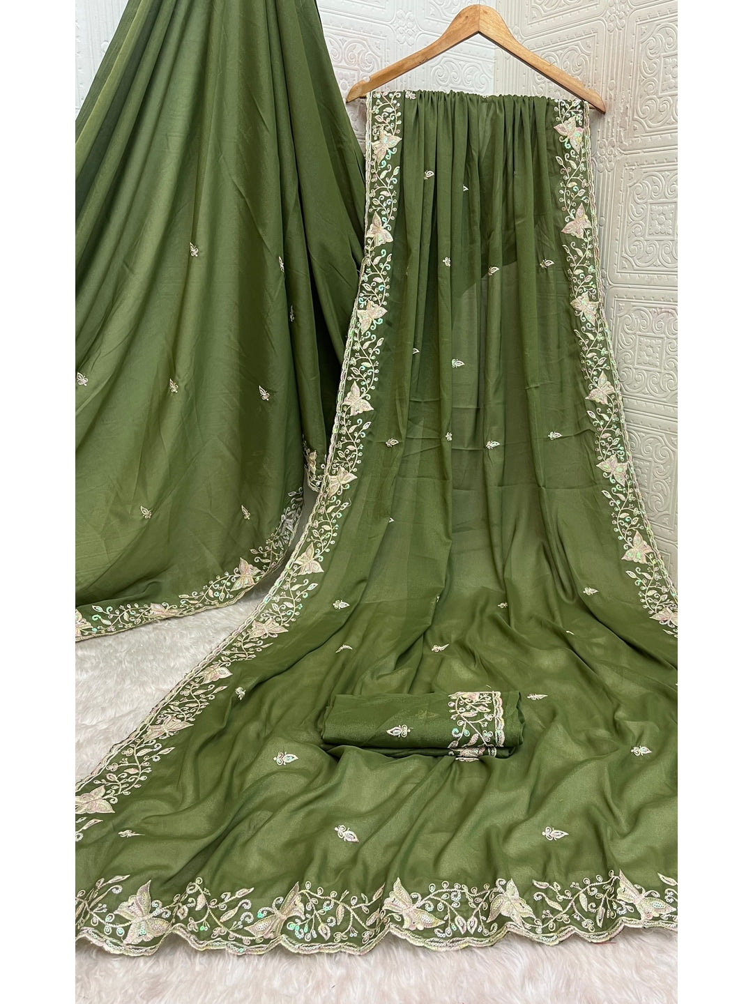 Peachmode Mehndi Embroidered Georgette Silk Saree - Image 5