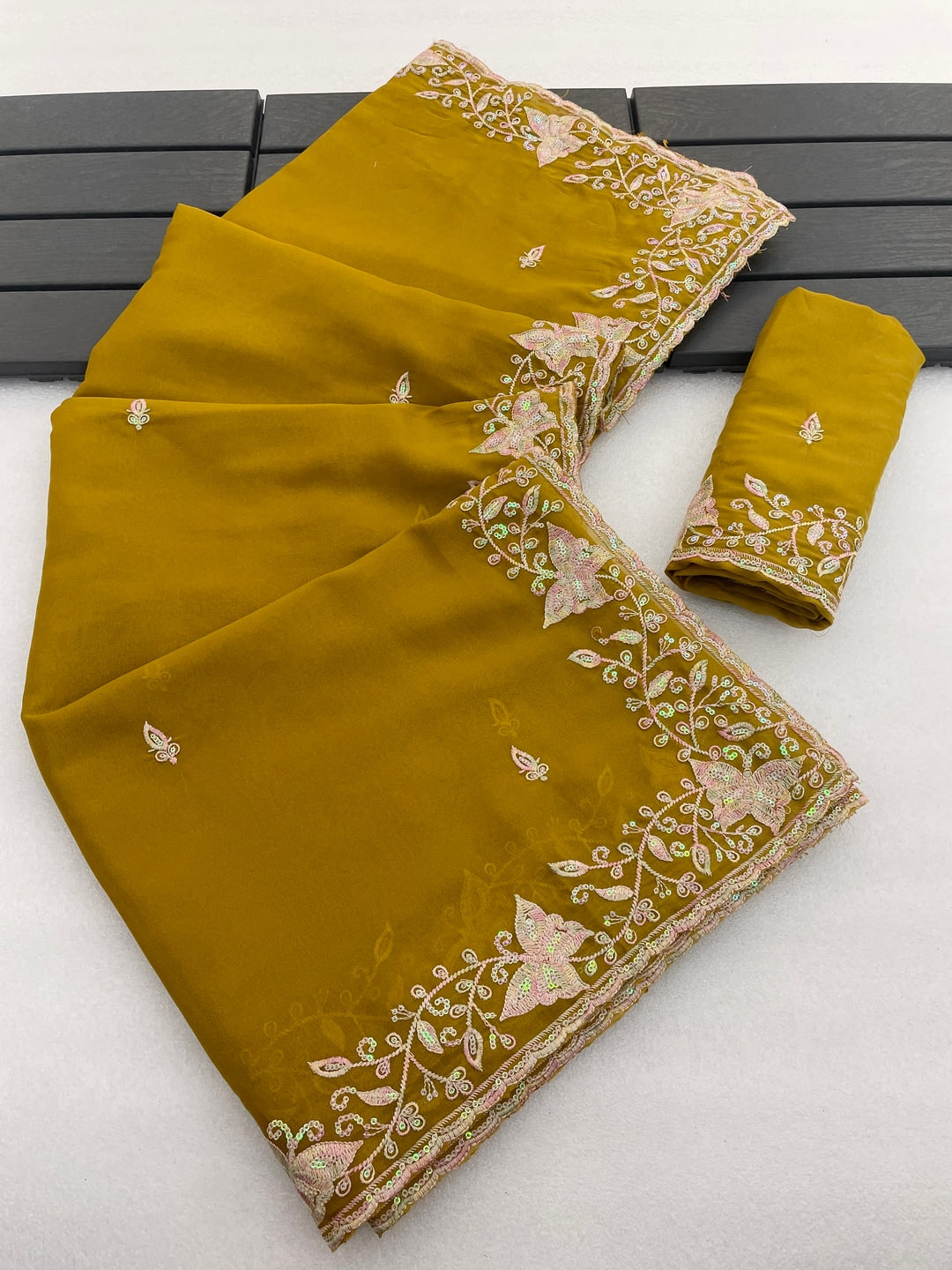 Peachmode Mustard Embroidered Georgette Silk Saree - Image 1
