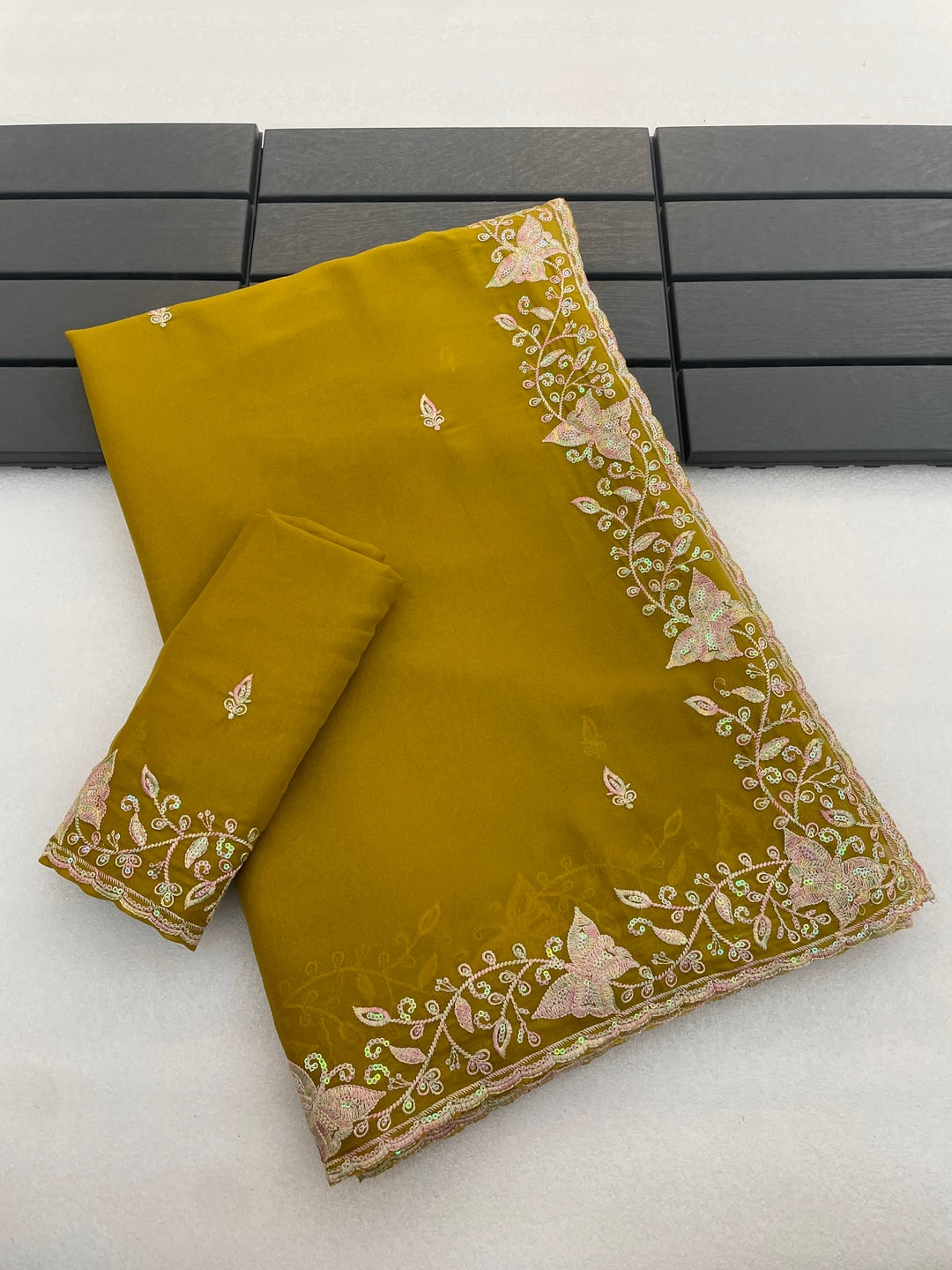 Peachmode Mustard Embroidered Georgette Silk Saree - Image 3