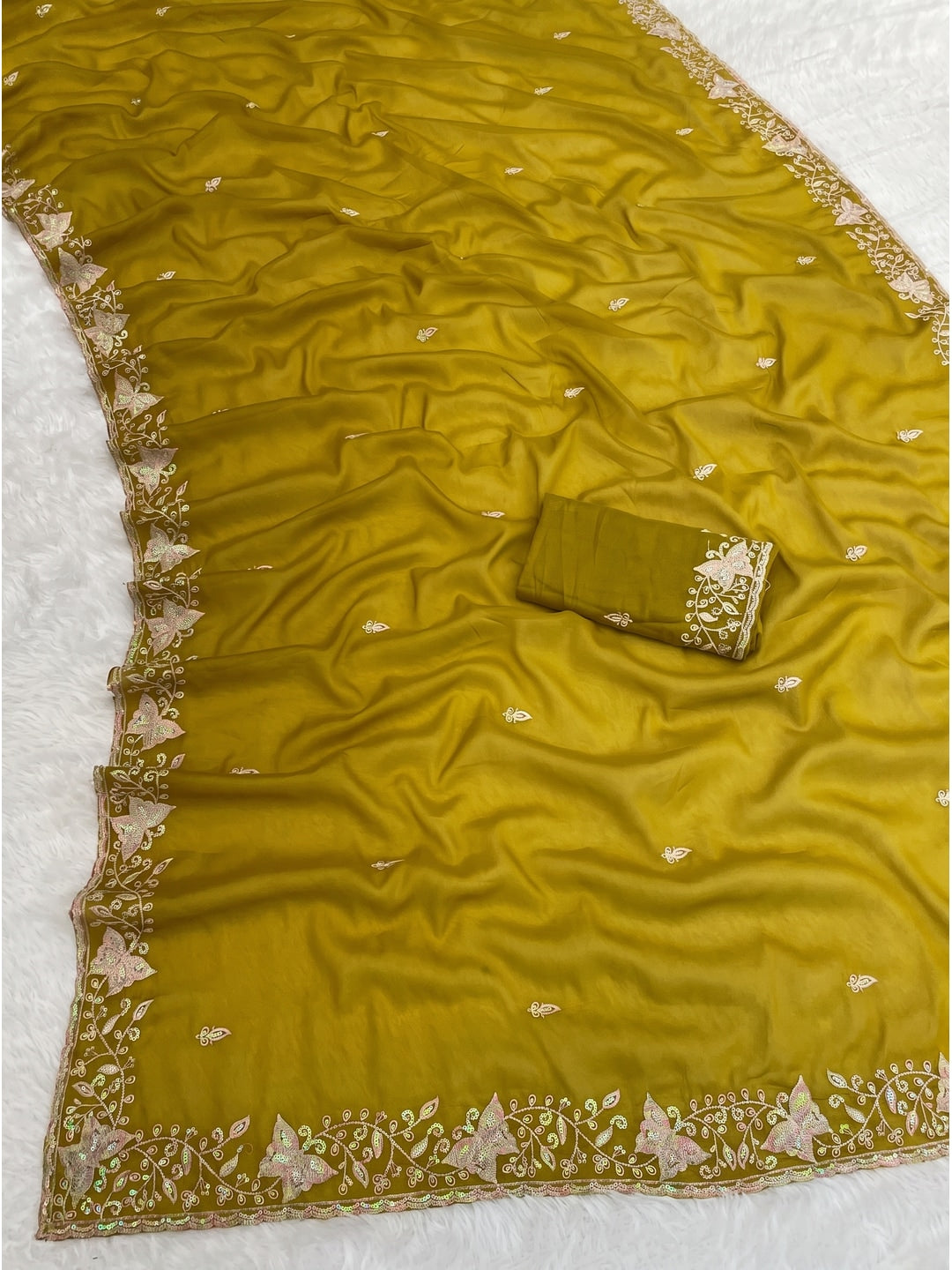 Peachmode Mustard Embroidered Georgette Silk Saree - Image 4