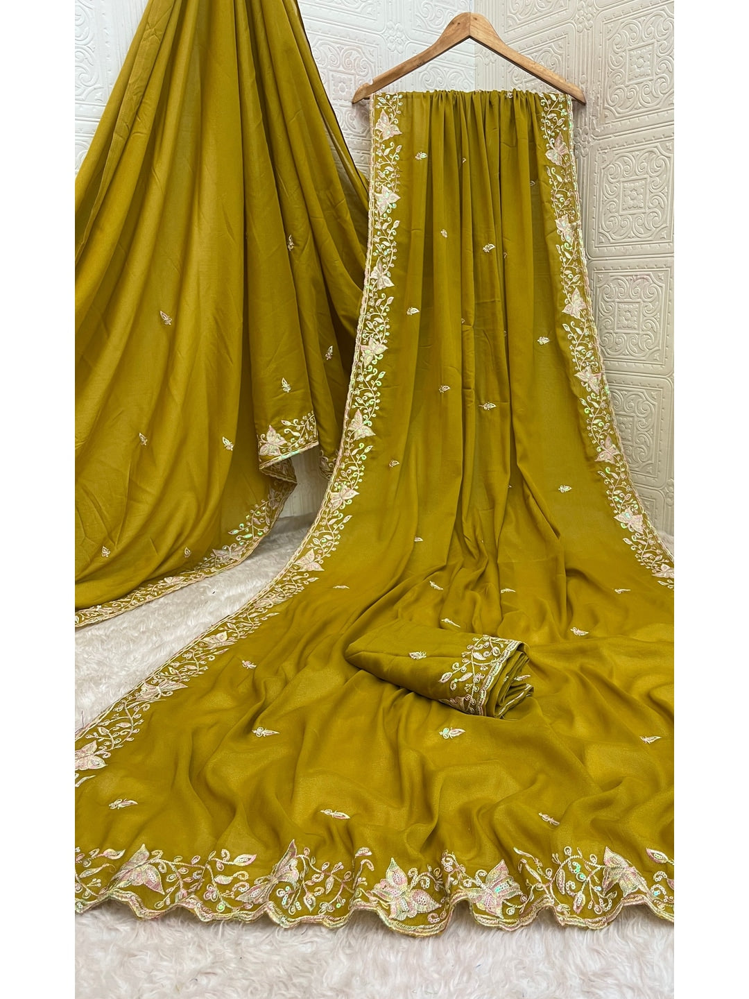 Peachmode Mustard Embroidered Georgette Silk Saree - Image 5