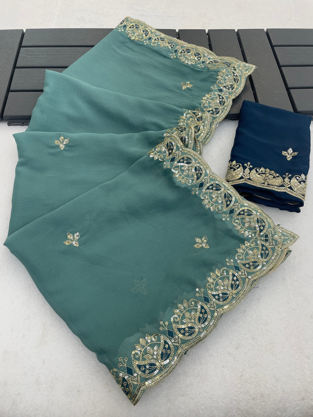 Peachmode Turquoise Embroidered Georgette Silk Saree - Image 1