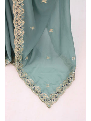 Peachmode Turquoise Embroidered Georgette Silk Saree - Image 2