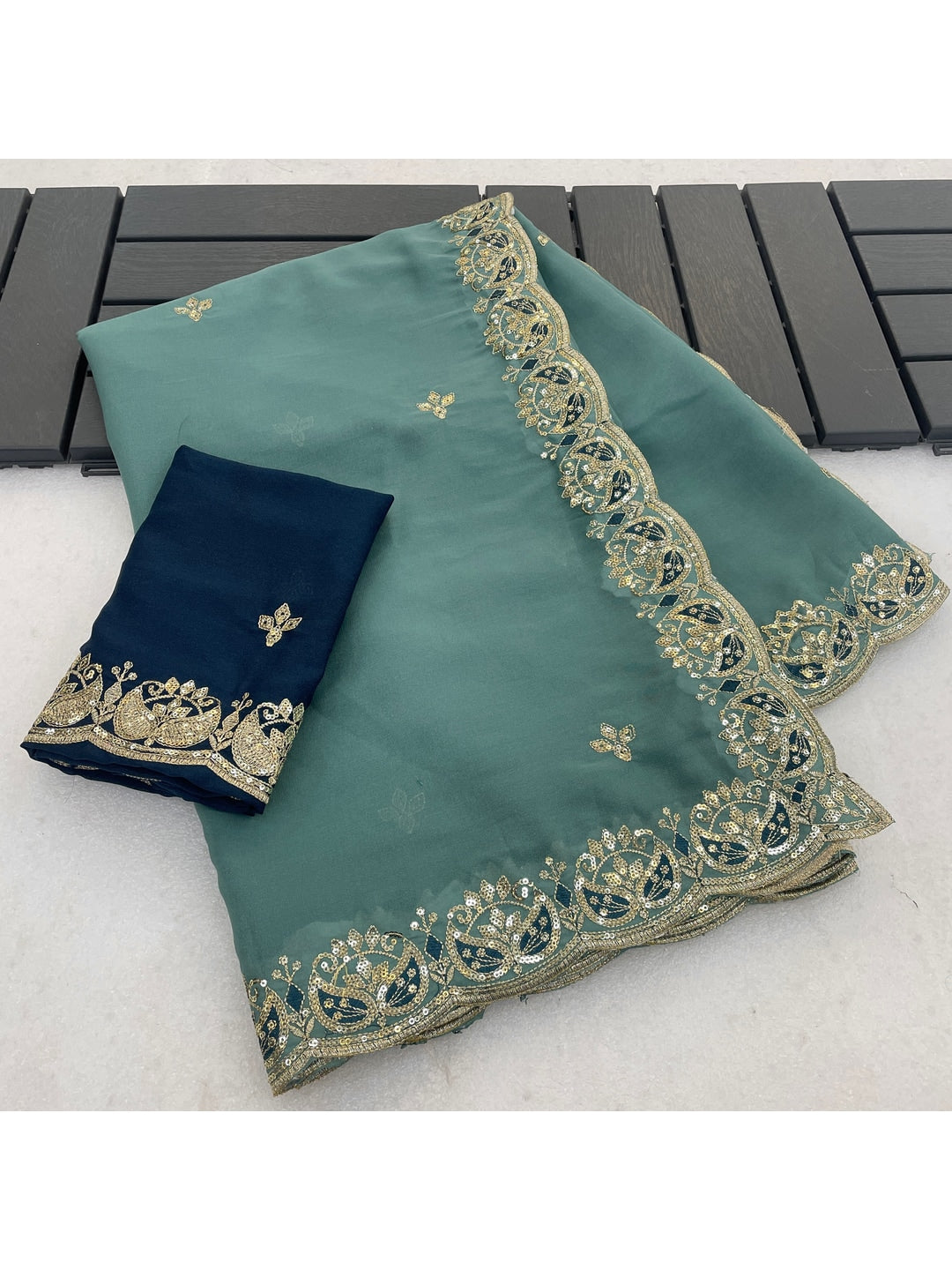 Peachmode Turquoise Embroidered Georgette Silk Saree - Image 4