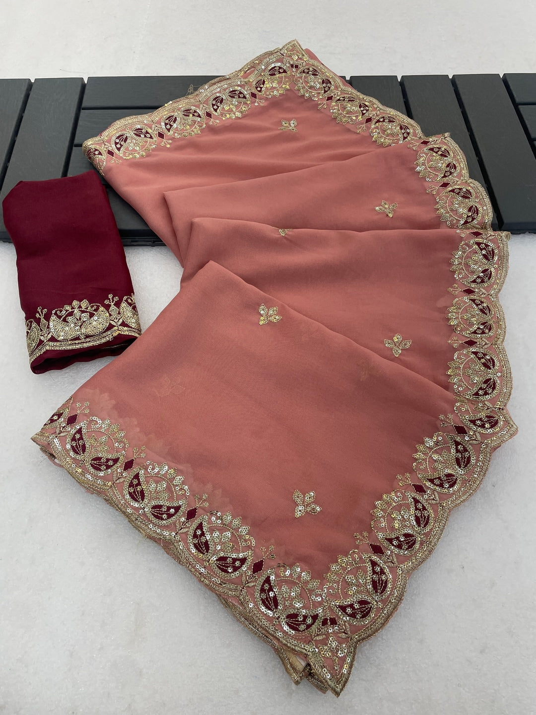 Peachmode Peach Embroidered Georgette Silk Saree - Image 1