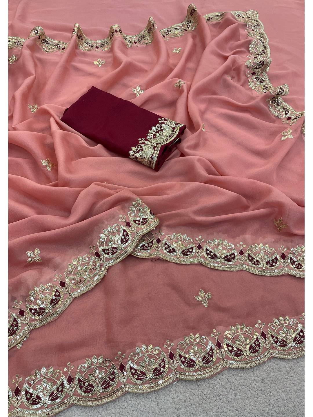 Peachmode Peach Embroidered Georgette Silk Saree - Image 2