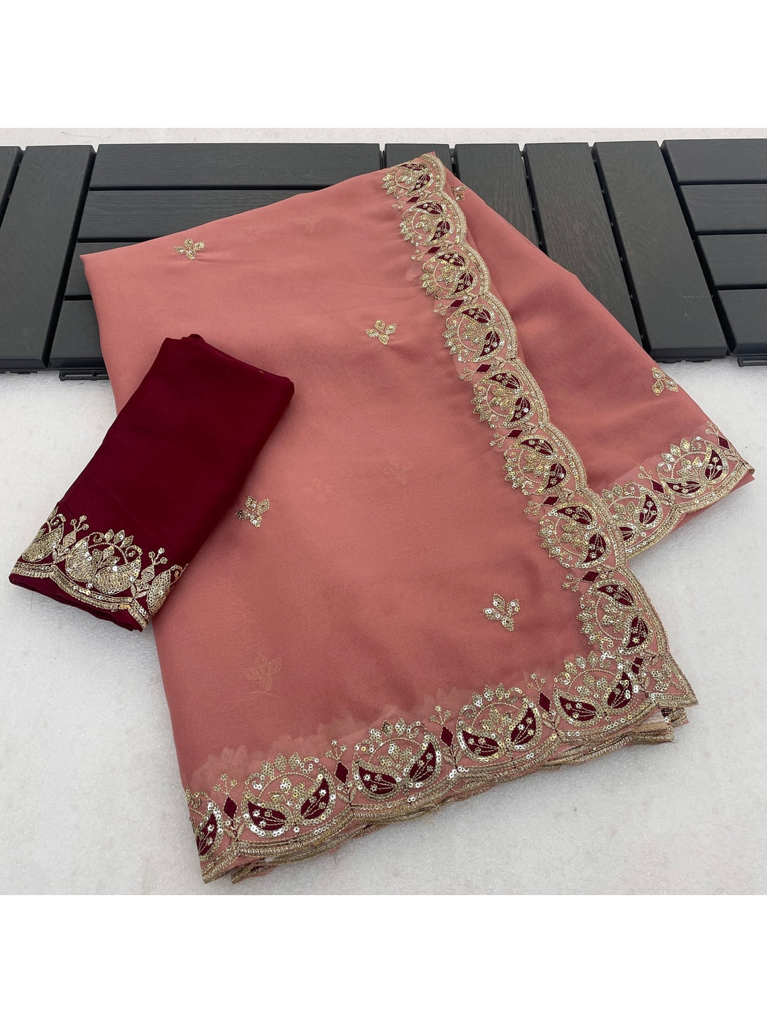Peachmode Peach Embroidered Georgette Silk Saree - Image 3