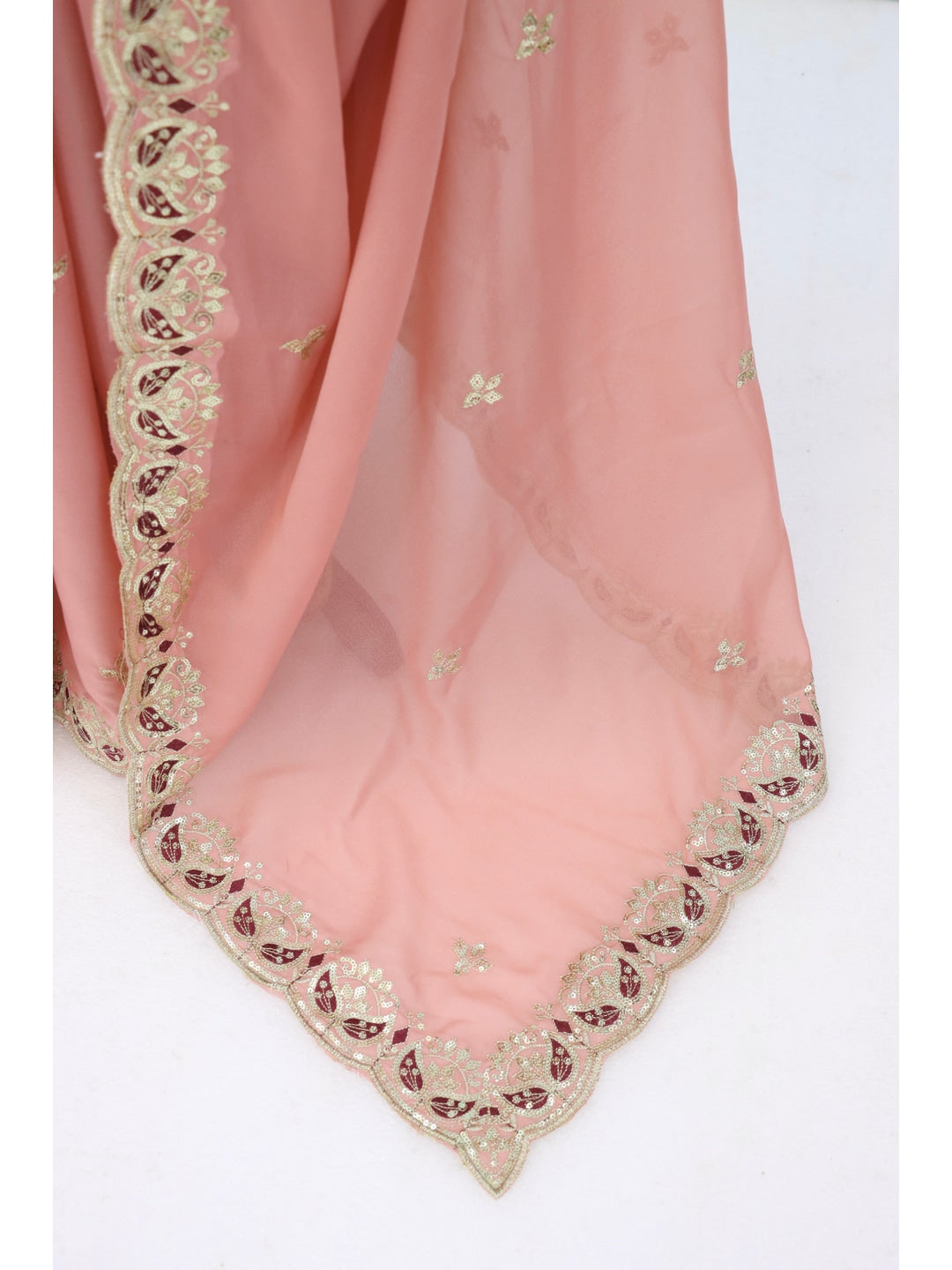 Peachmode Peach Embroidered Georgette Silk Saree - Image 4