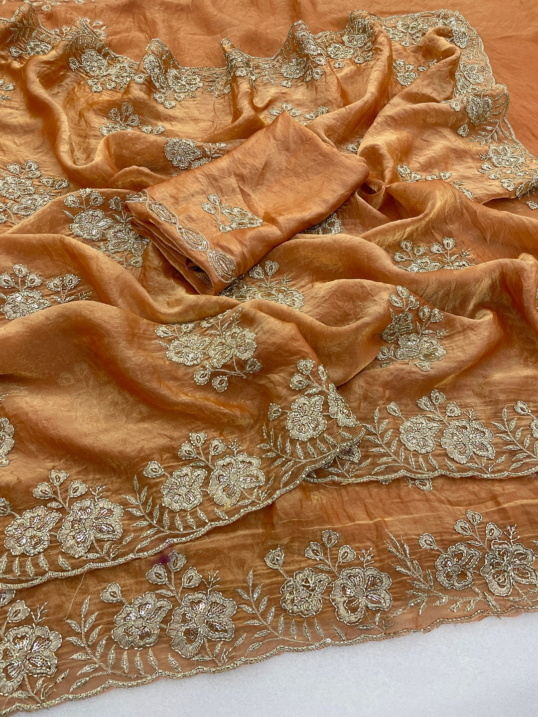Peachmode Gold Orange Embroidered Fendy Silk Saree - Image 3