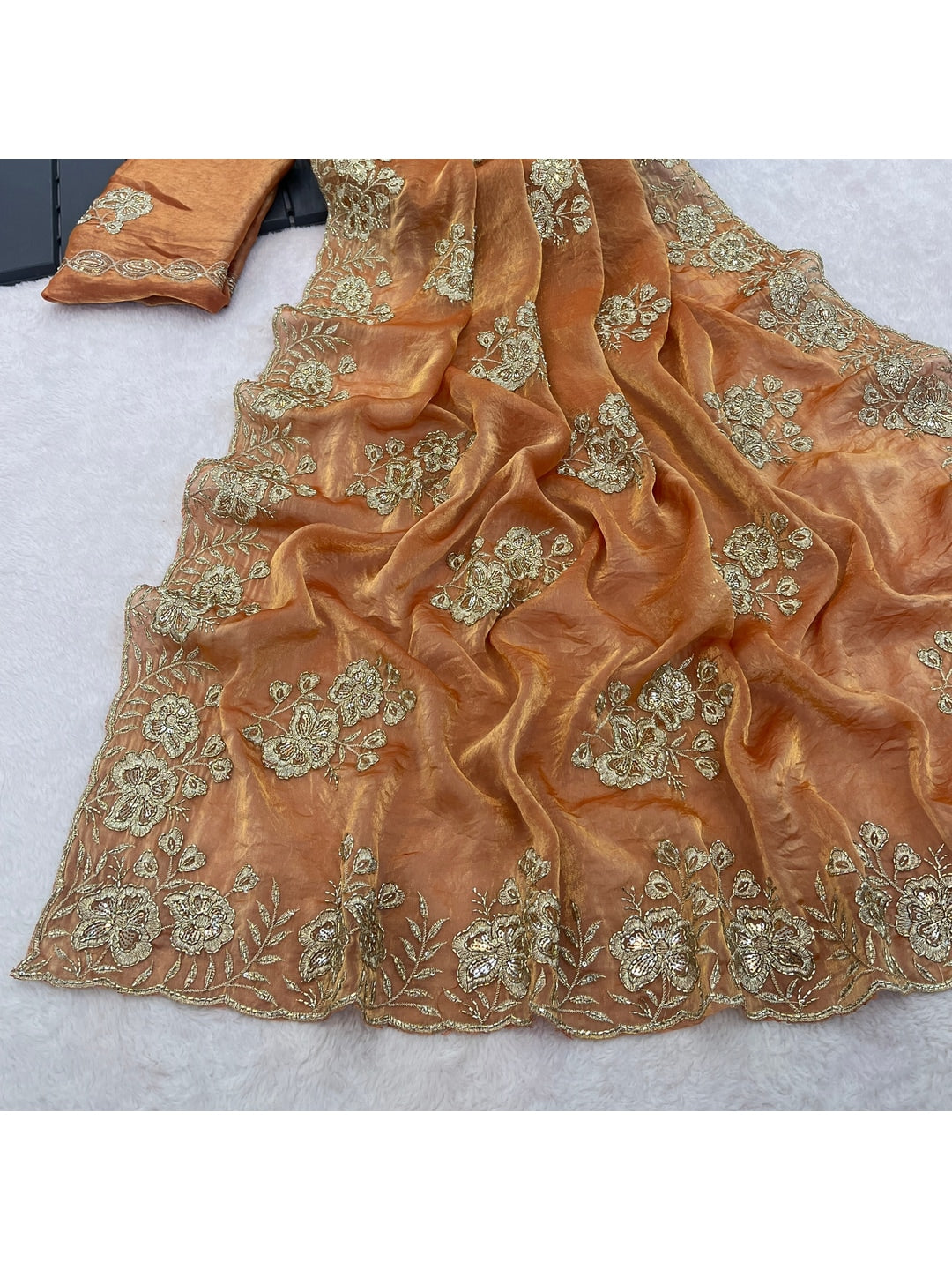 Peachmode Gold Orange Embroidered Fendy Silk Saree - Image 4