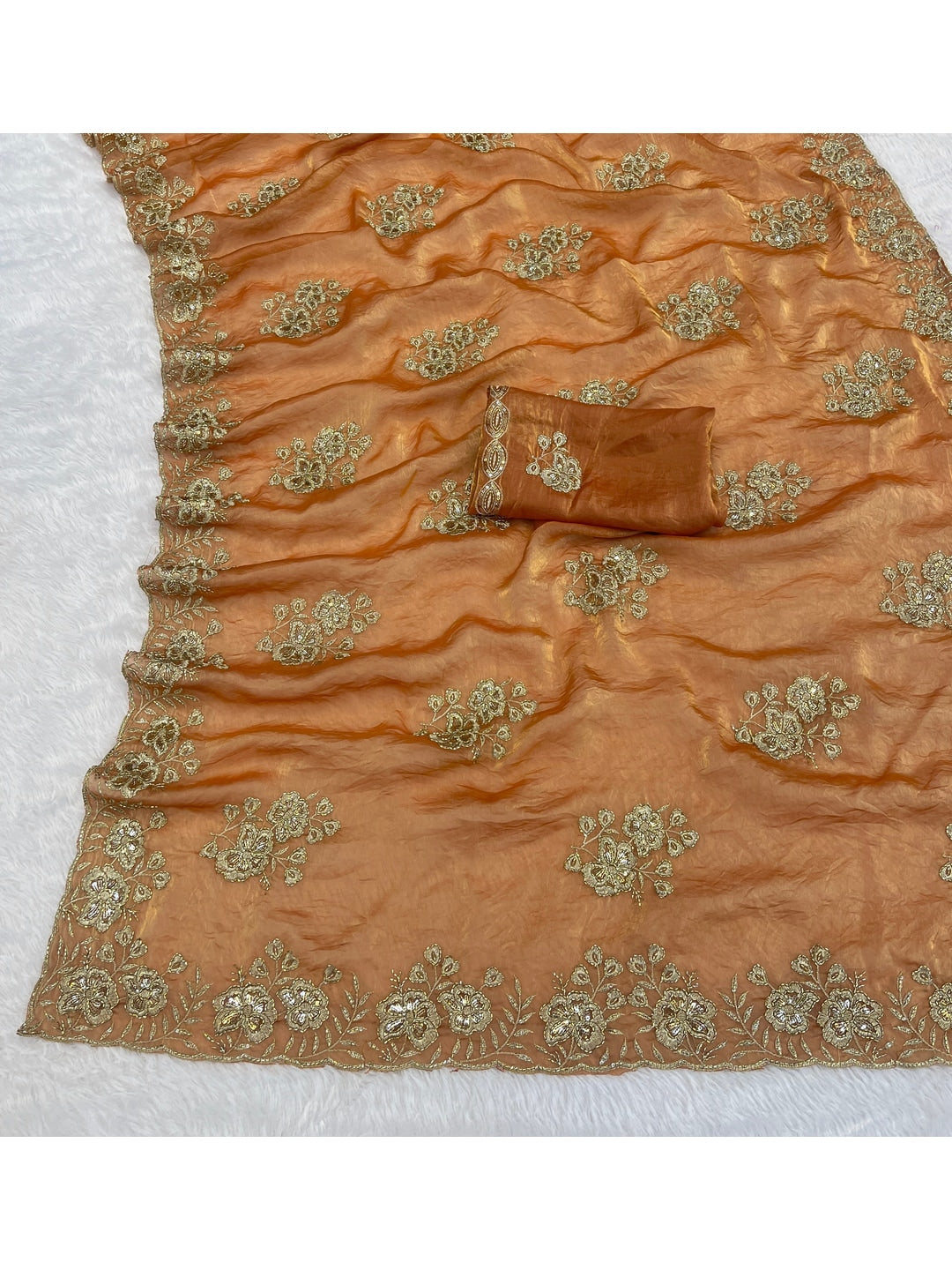 Peachmode Gold Orange Embroidered Fendy Silk Saree - Image 5