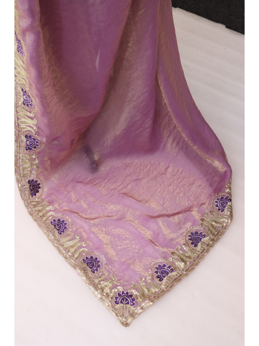 Peachmode Lavender Embroidered Fendy Satin Silk Saree With Stitched Blouse - Image 3